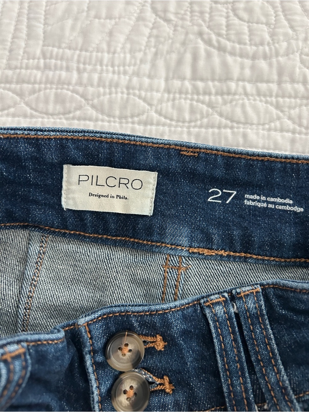 Pilcro Dark Blue High-Rise Wide Leg Jeans with Tan Stitching